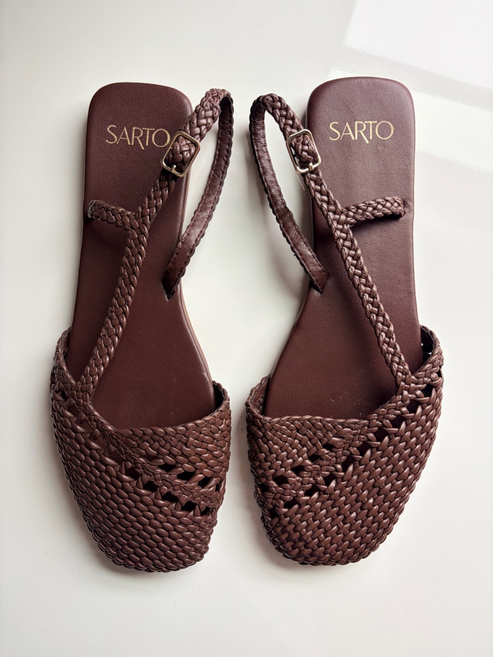 Sarto by Franco Sarto Brown woven Ilona Slingback Flat Square Toe Shoe, 9.5